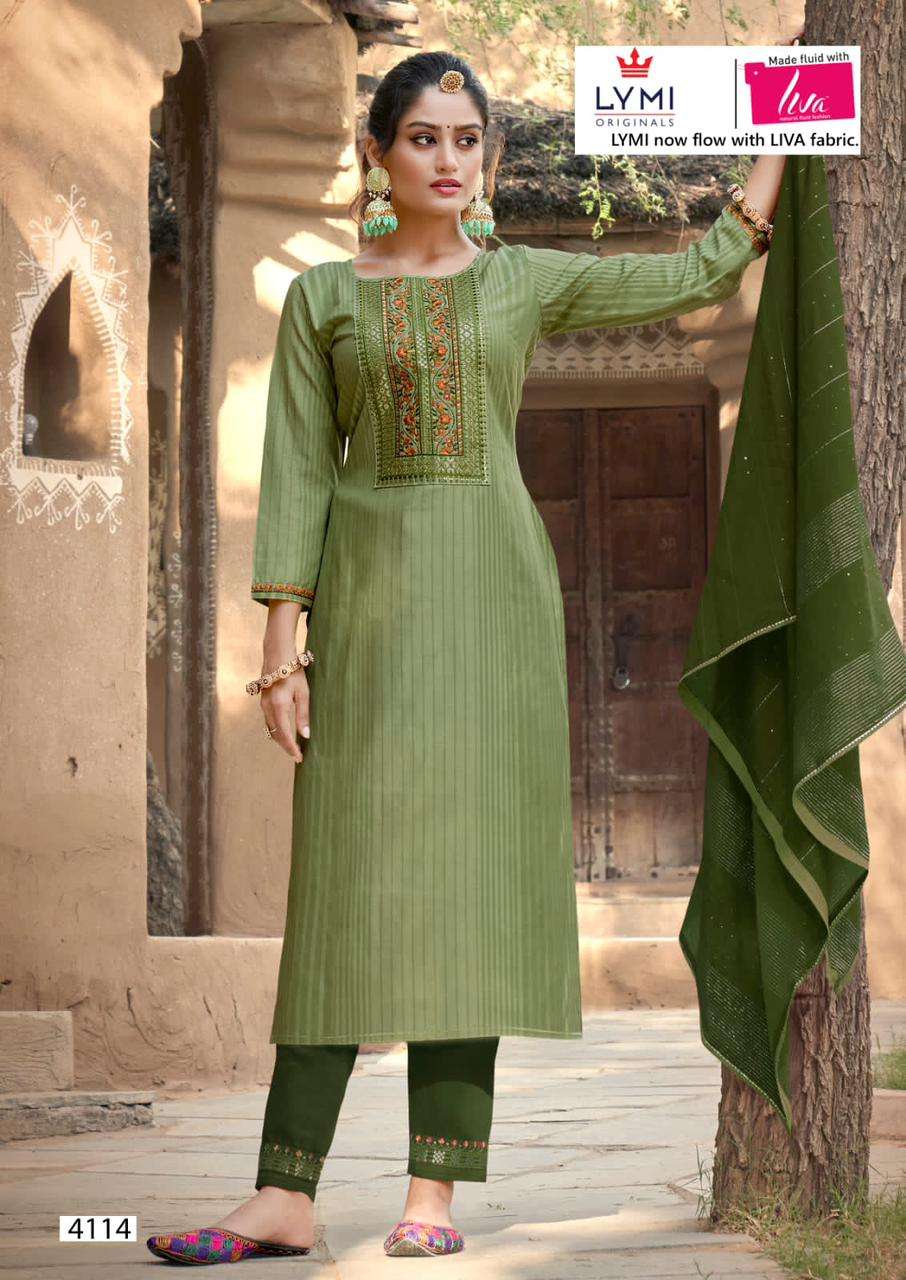 rangoon limelight vol-2 4111-4116 series lining silk with fancy embroidery neck kurti pant and dupatta set new catalogue