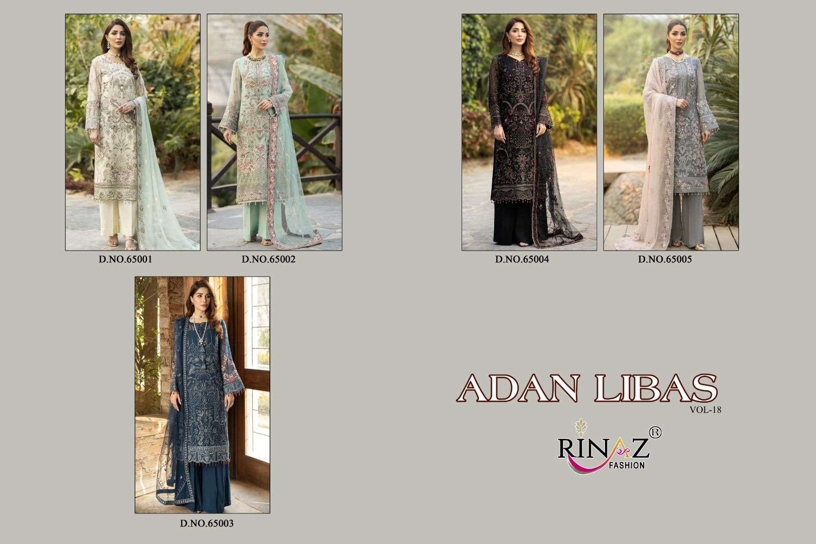 rinaz fashion adan libas vol-18 65001-65005 series fancy look designer pakistani salwar suits wholesale price surat 