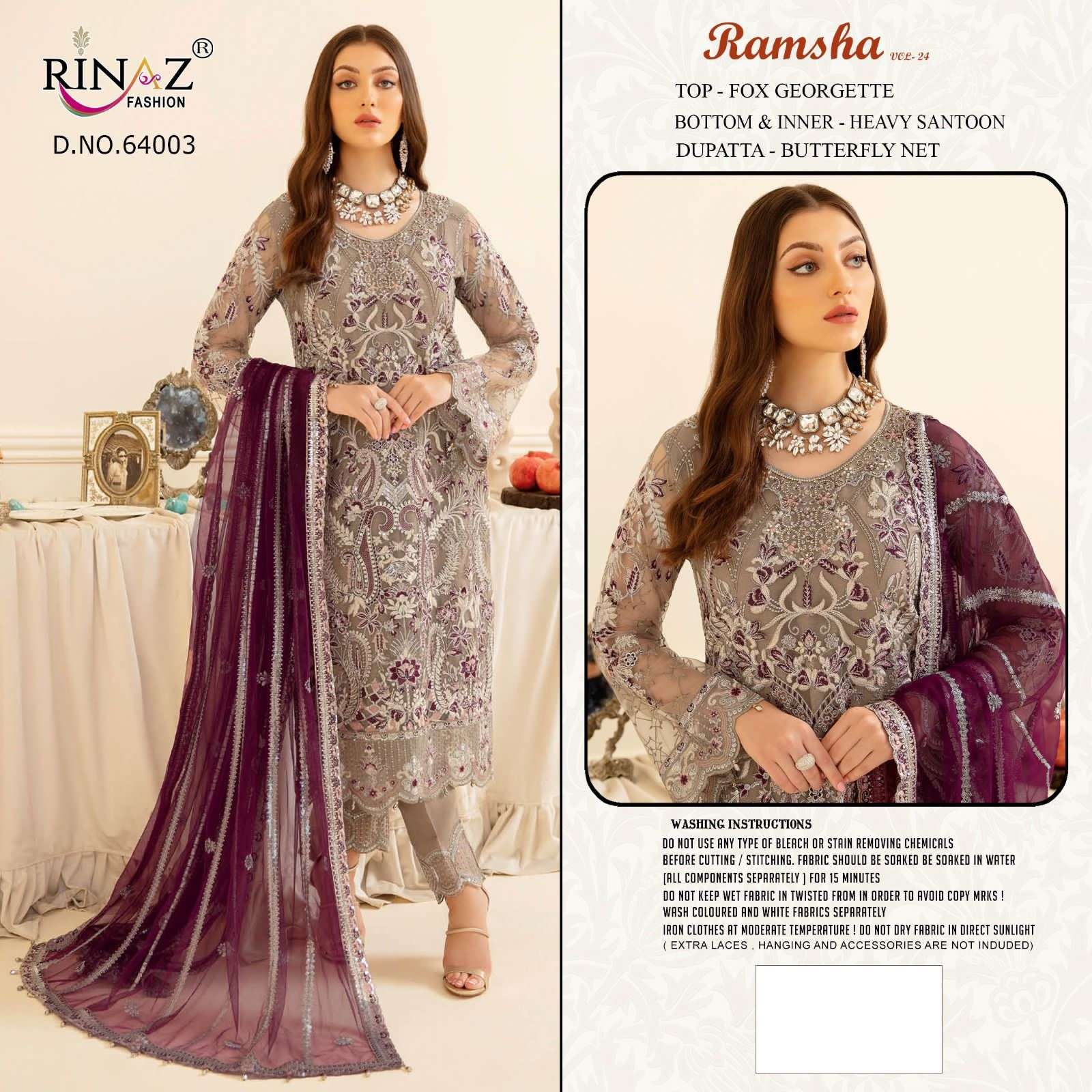 rinaz fashion ramsha vol-24 64001-64004 series faux georgette designer pakistani salwar suits catalogue surat 