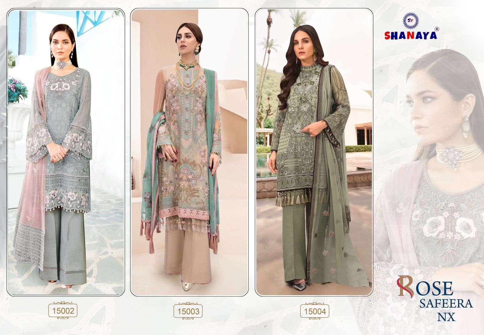 shanaya rose safeera nx 15002-15004 series stylish designer pakistani salwar suits catalogue wholesaler surat 