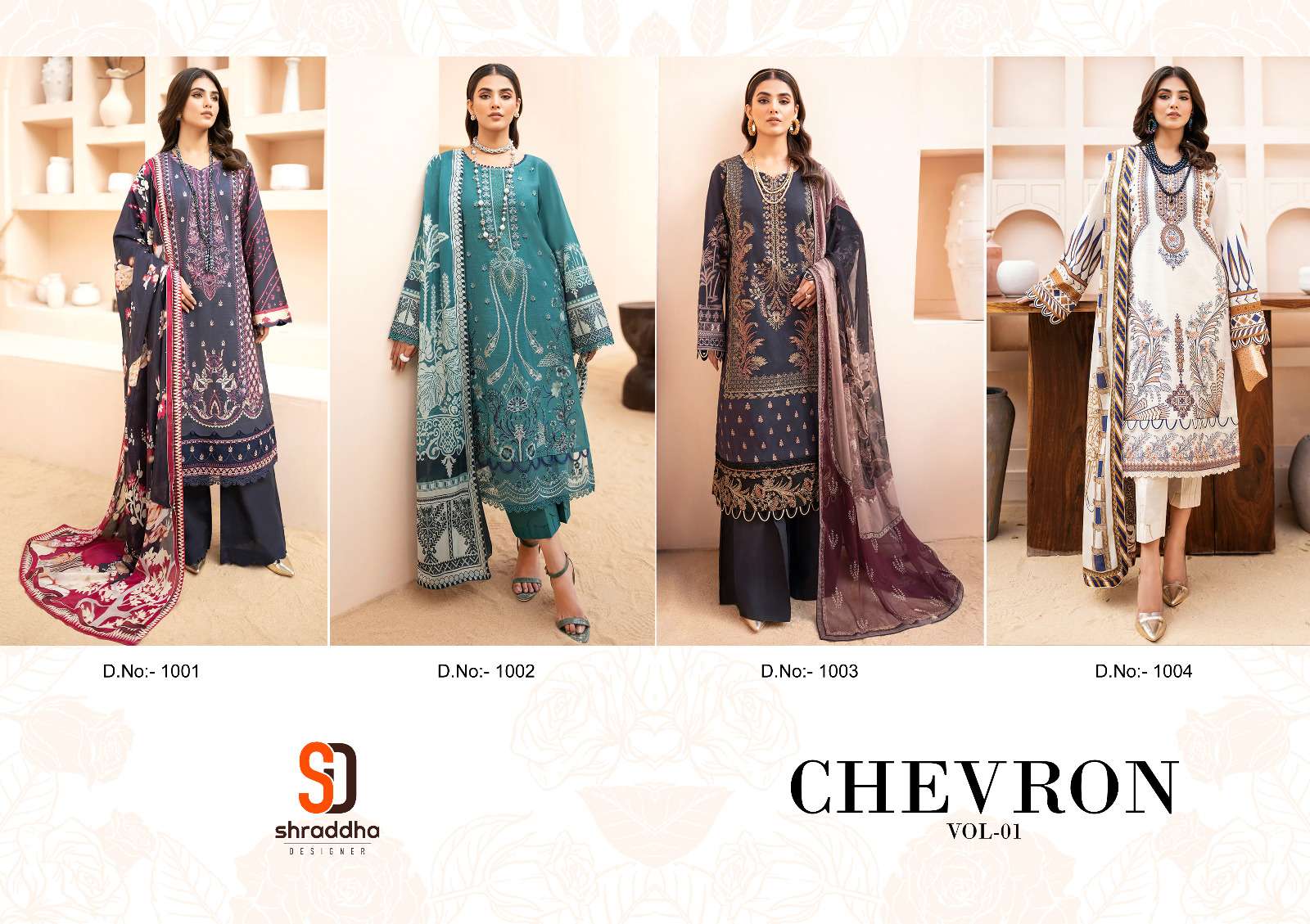 shraddha designer chevron vol-1 1001-1004 series stylish designer salwar suits catalogue online market surat