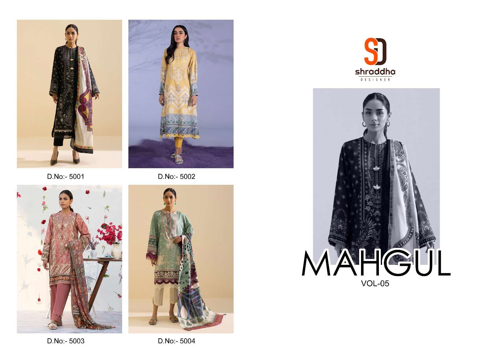 shraddha designer mahgul vol-5 5001-5004 series fancy designer pakistani salwar kameez wholesale price surat 