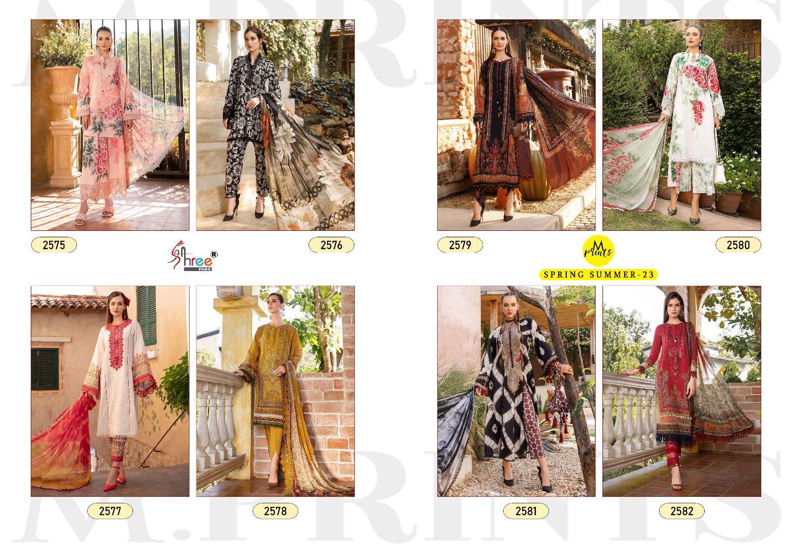 shree fabs m prints spring summer vol-23 2575-2582 series fancy designer pakistani salwar suits manufacturer surat 
