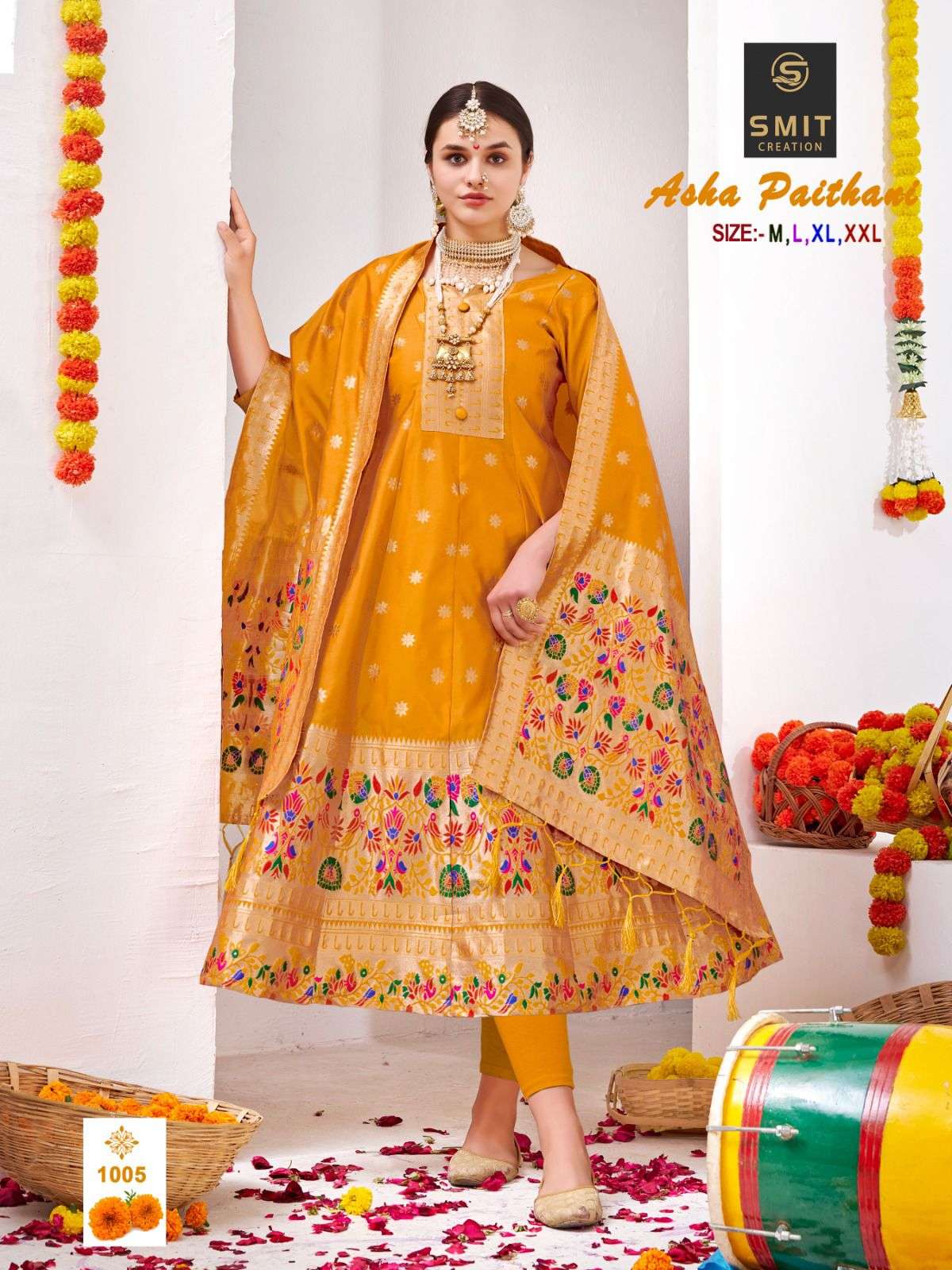 smit creation asha paithani 1001-1006 series stylish designer paithani gown with dupatta latest catalogue surat 