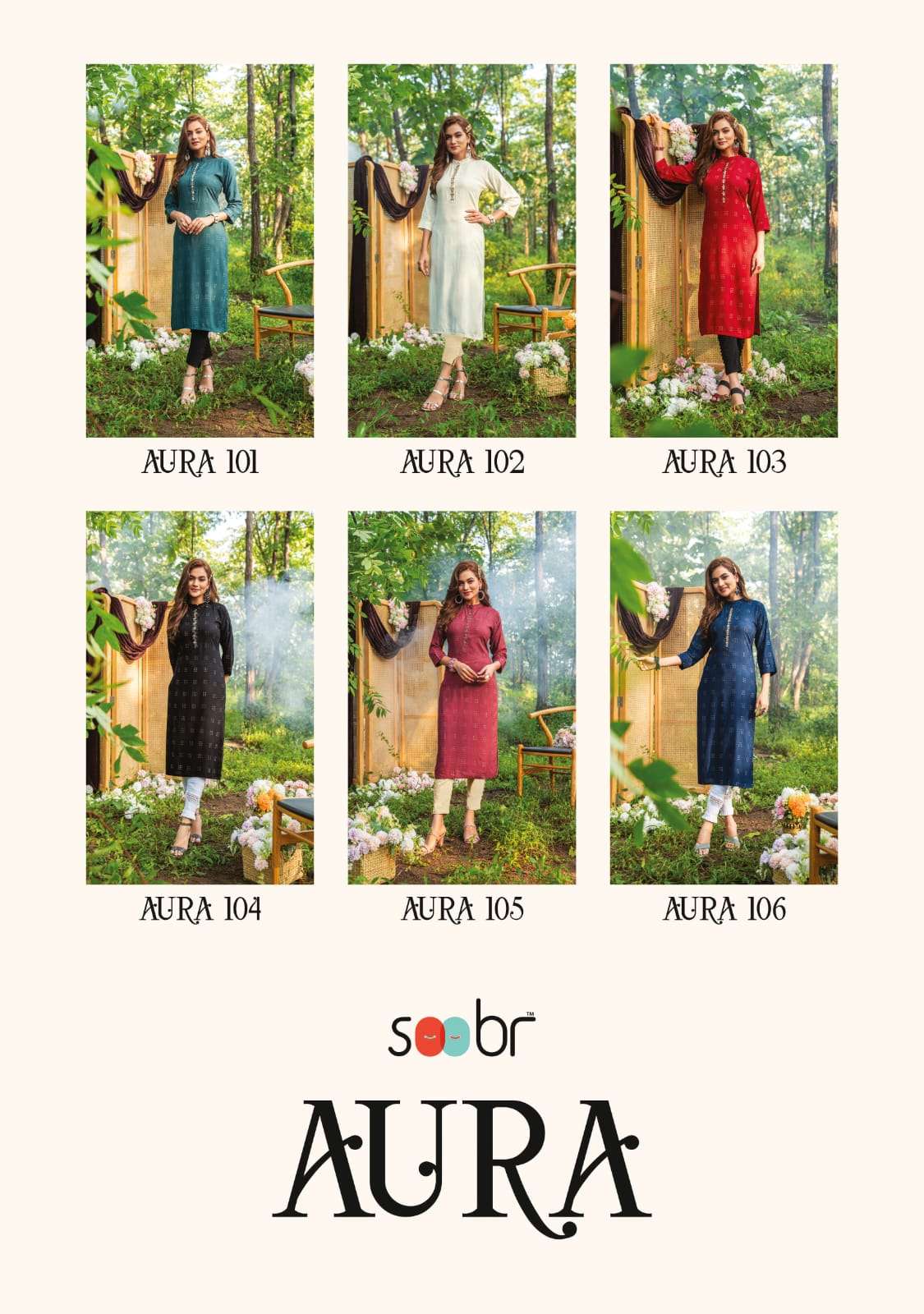 soobr aura 101-106 series trendy designer kurtis catalogue wholesale price surat 