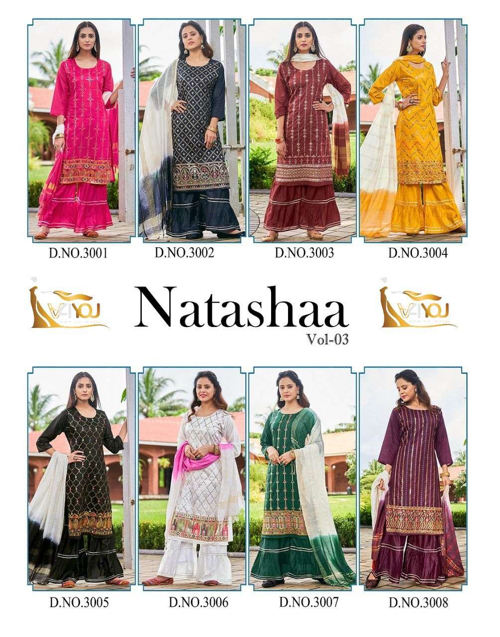 v4you natashaa vol-3 3001-3008 series stylish look designer kurtis catalogue manufacturer surat 