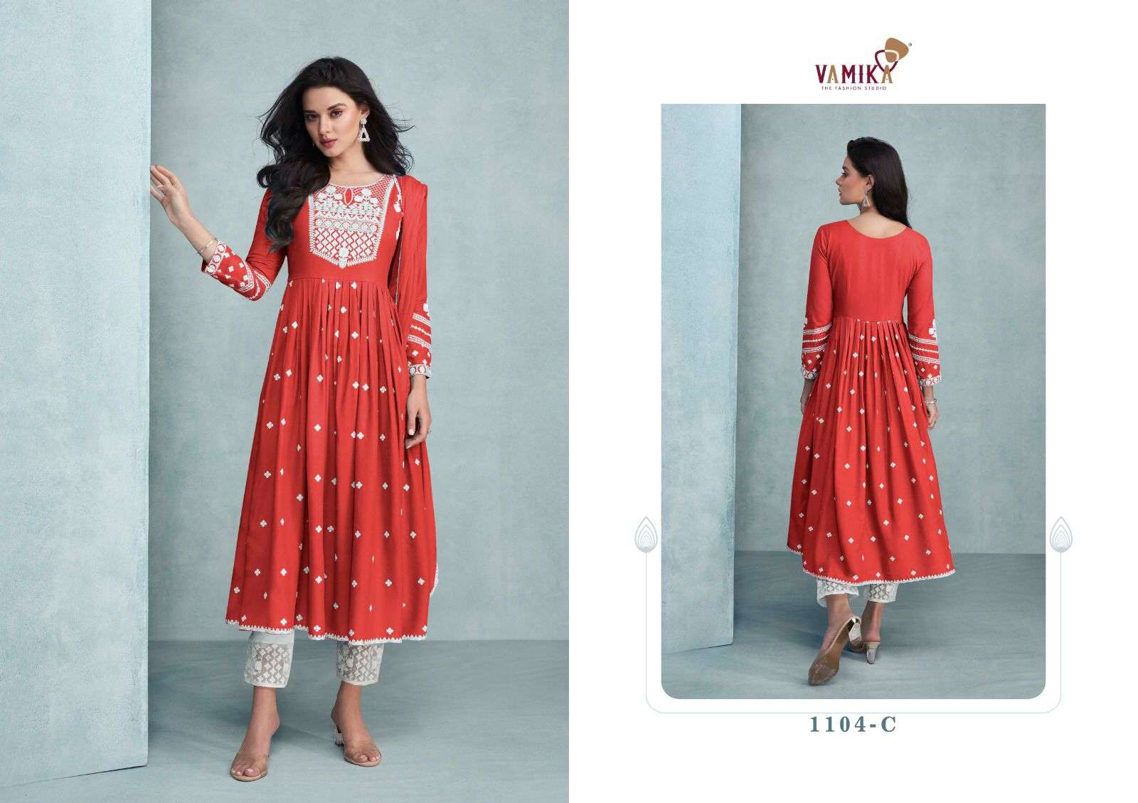 vamika aadhira vol-2 1104 series designer embroidered sleeves paired with designer plazo and dupatta set 