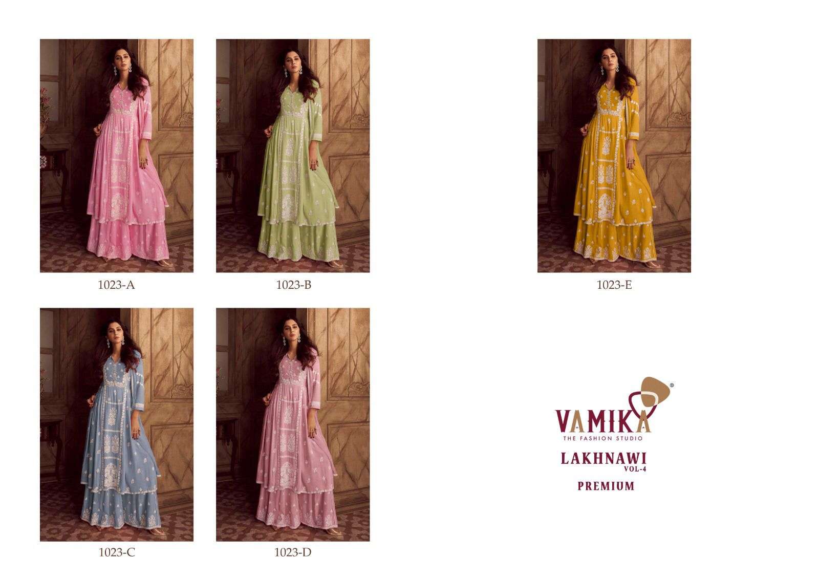 vamika lakhnawi vol-4 premium 1023 series heavy rayon designer kurti with pant and dupatta latest catalogue surat 