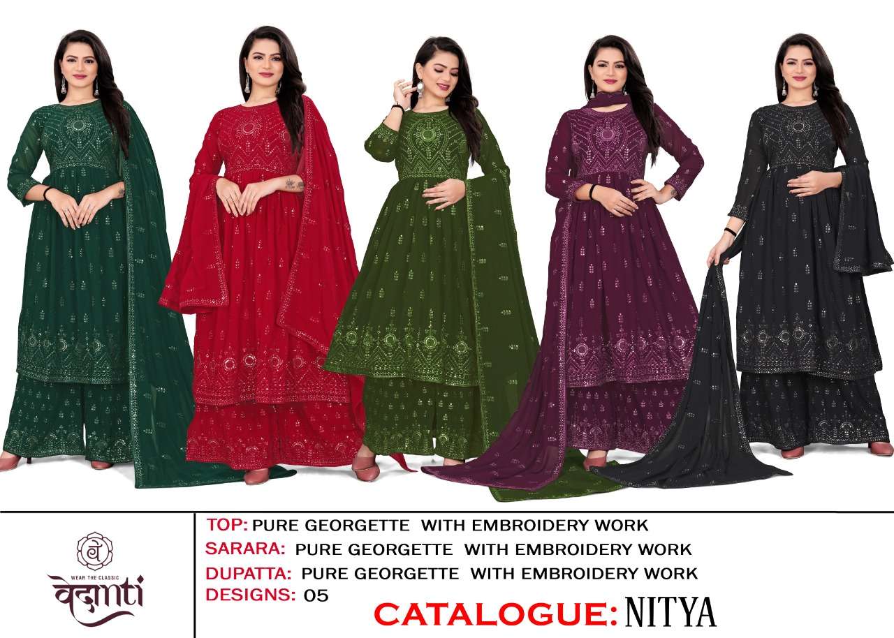 vedanti nitya 6170 series pure georgette with embroidery work designer top with sharara dupatta set surat 