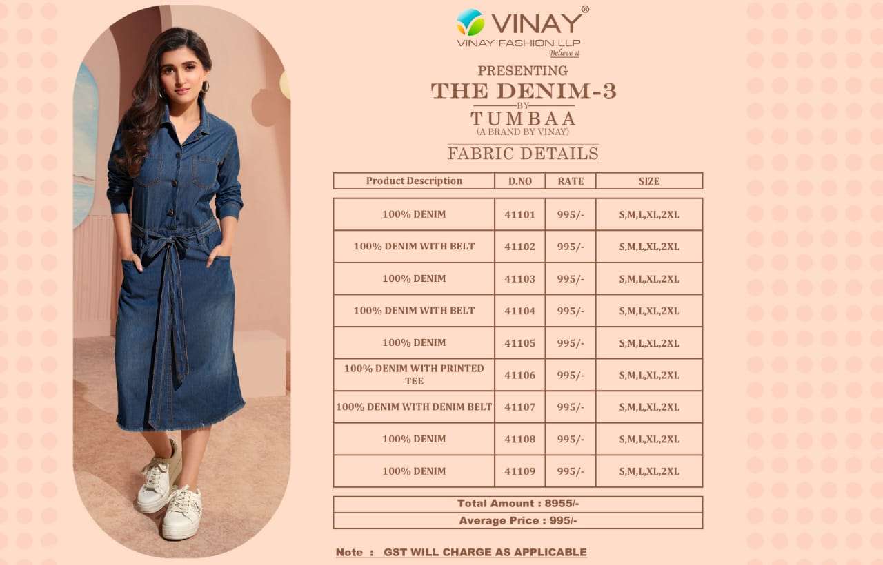 vinay fashion the denim vol-3 41101-41109 series fancy look designer kurtis catalogue manufacturer surat 