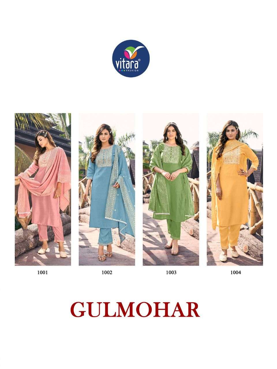 vitara fashion gulmohar 1001-1004 series imported fabrics designer kurtis catalogue design 2023 