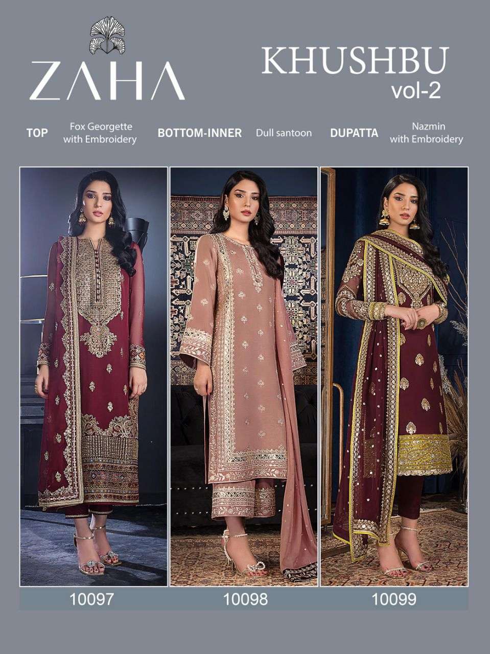  zaha khushbu vol-2 10097-10099 series stylish designer pakistani salwar kameez wholesale price surat