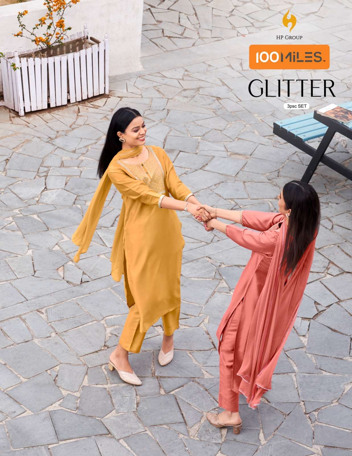 100 miles glitter 01-04 series kurti pant with dupatta catalogue online supplier surat 