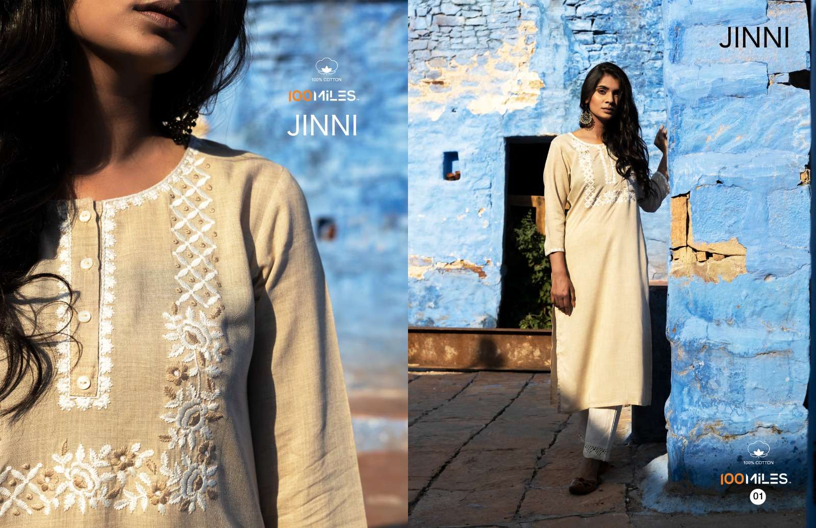 100 miles jinni 01-04 series pure cotton with work designer kurti catalogue collection 2023 