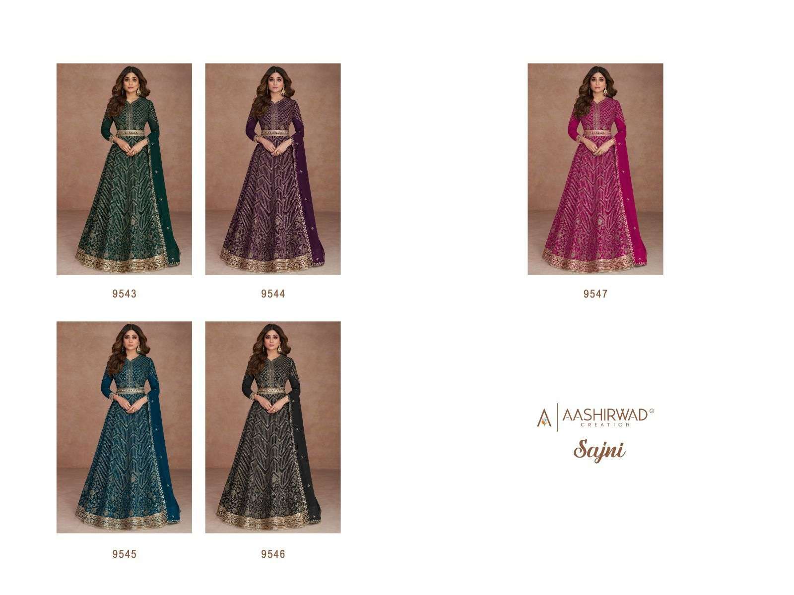 aashirwad creation sajni 9543-9547 series latest designer party wear dress catalogue wholesaler surat 