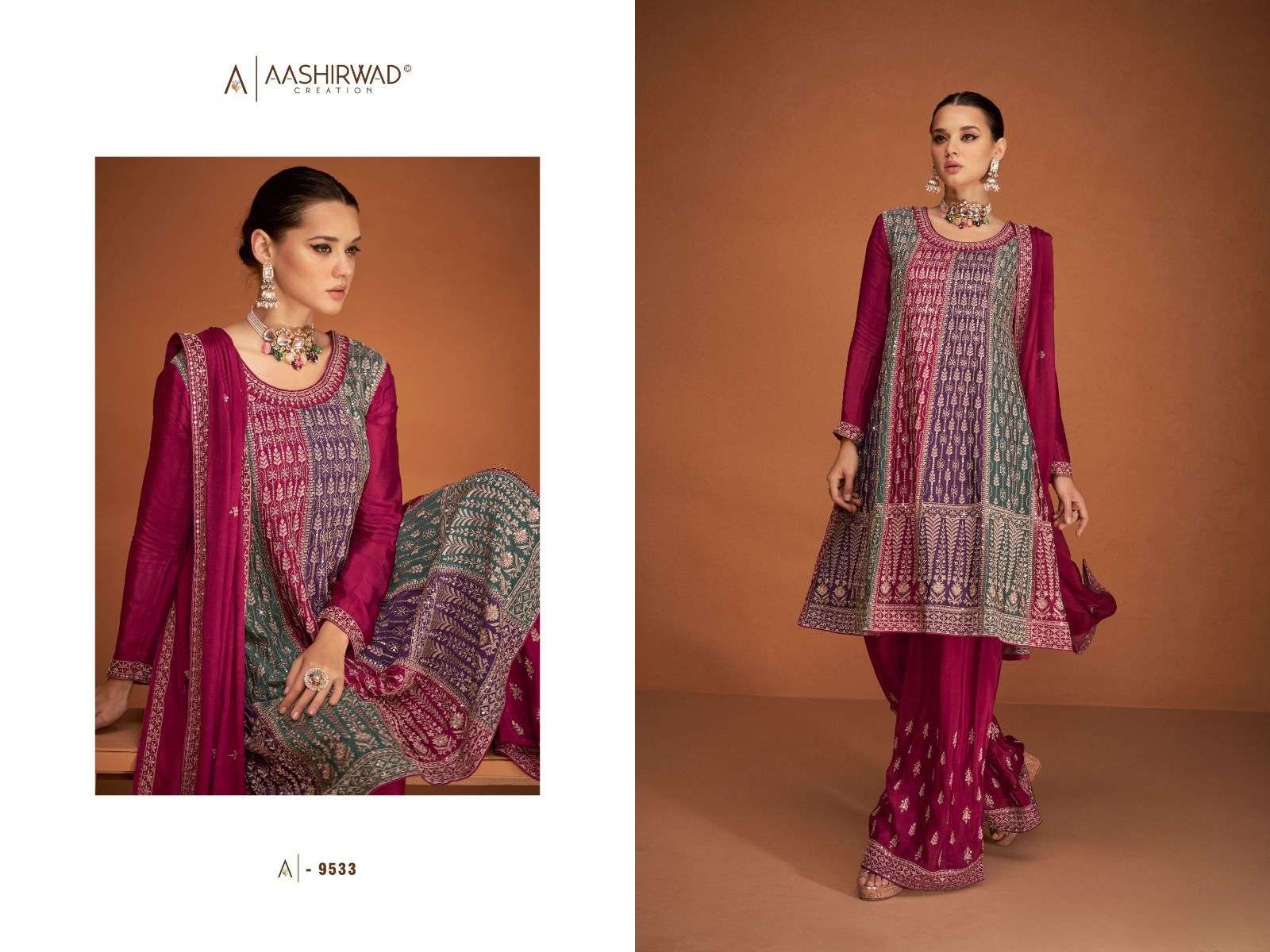aashirwad creation soha 9533-9537 series function special dress catalogue online dealer surat