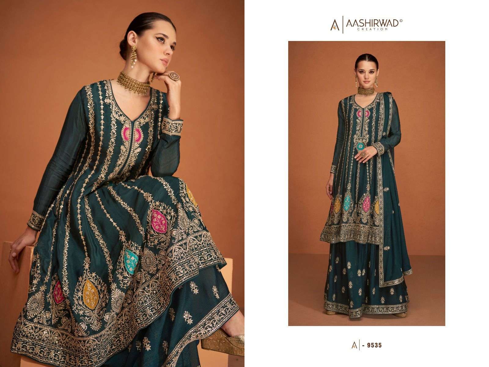 aashirwad creation soha 9533-9537 series function special dress catalogue online dealer surat