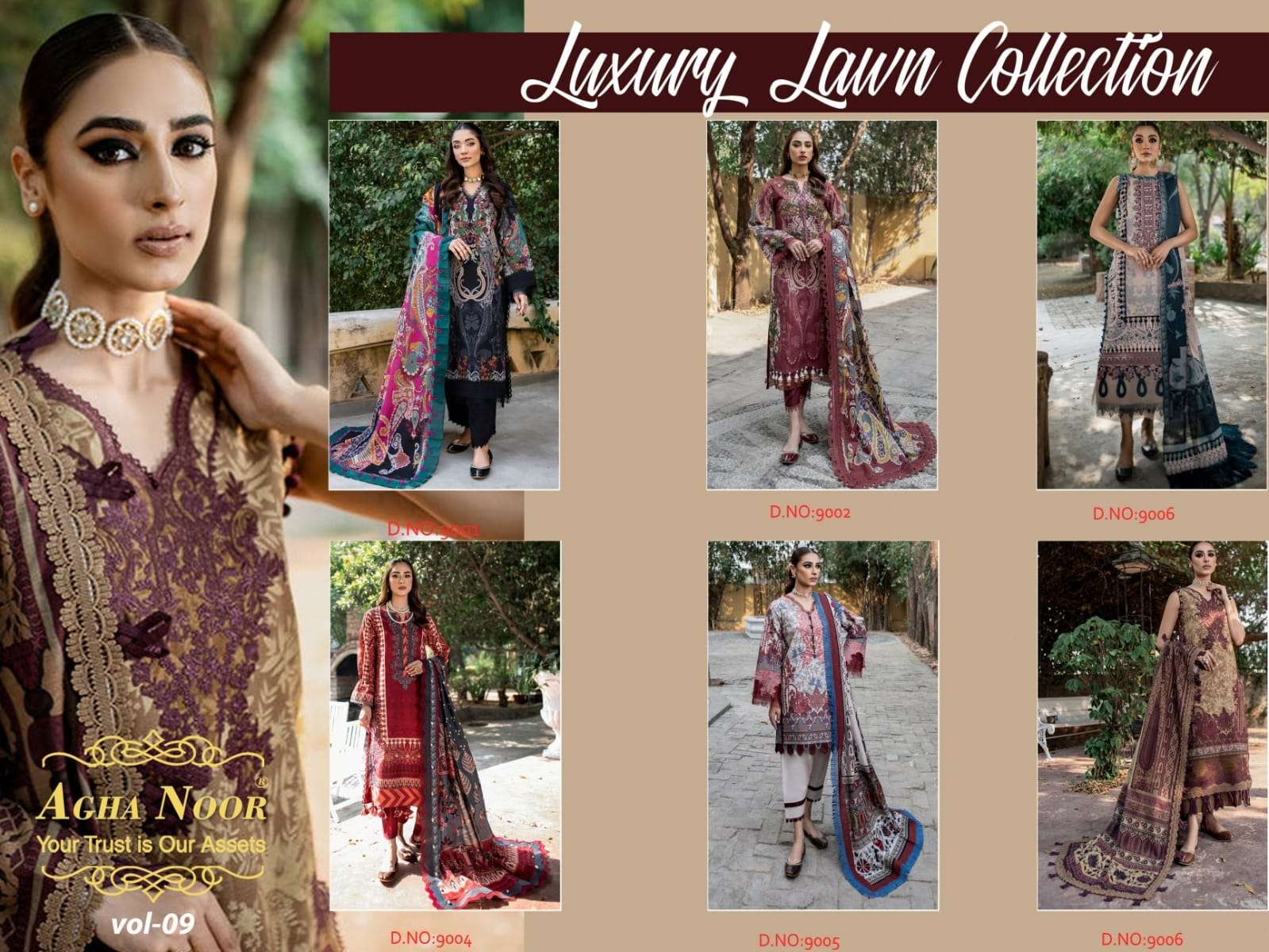 agha noor agha noor vol-9 9001-9006 series pakistani salwar kameez catalogue design 2023 