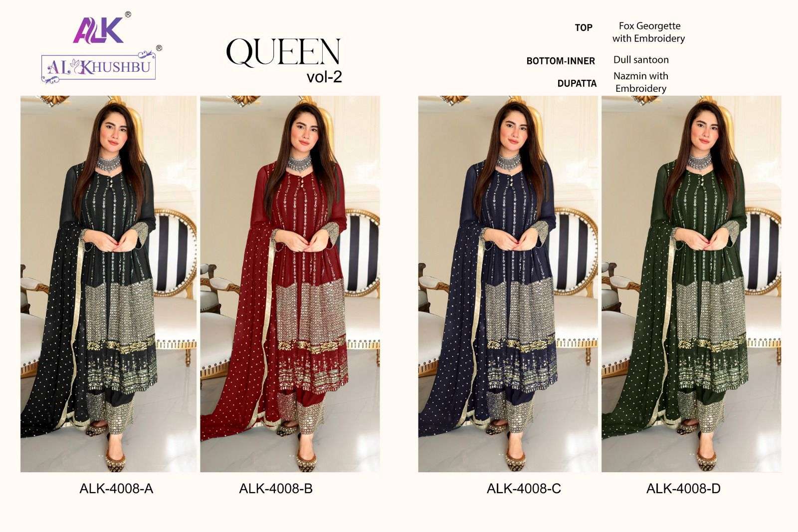 al khushbu queen vol-2 4008 series stylish designer pakistani salwar suits new catalogue surat