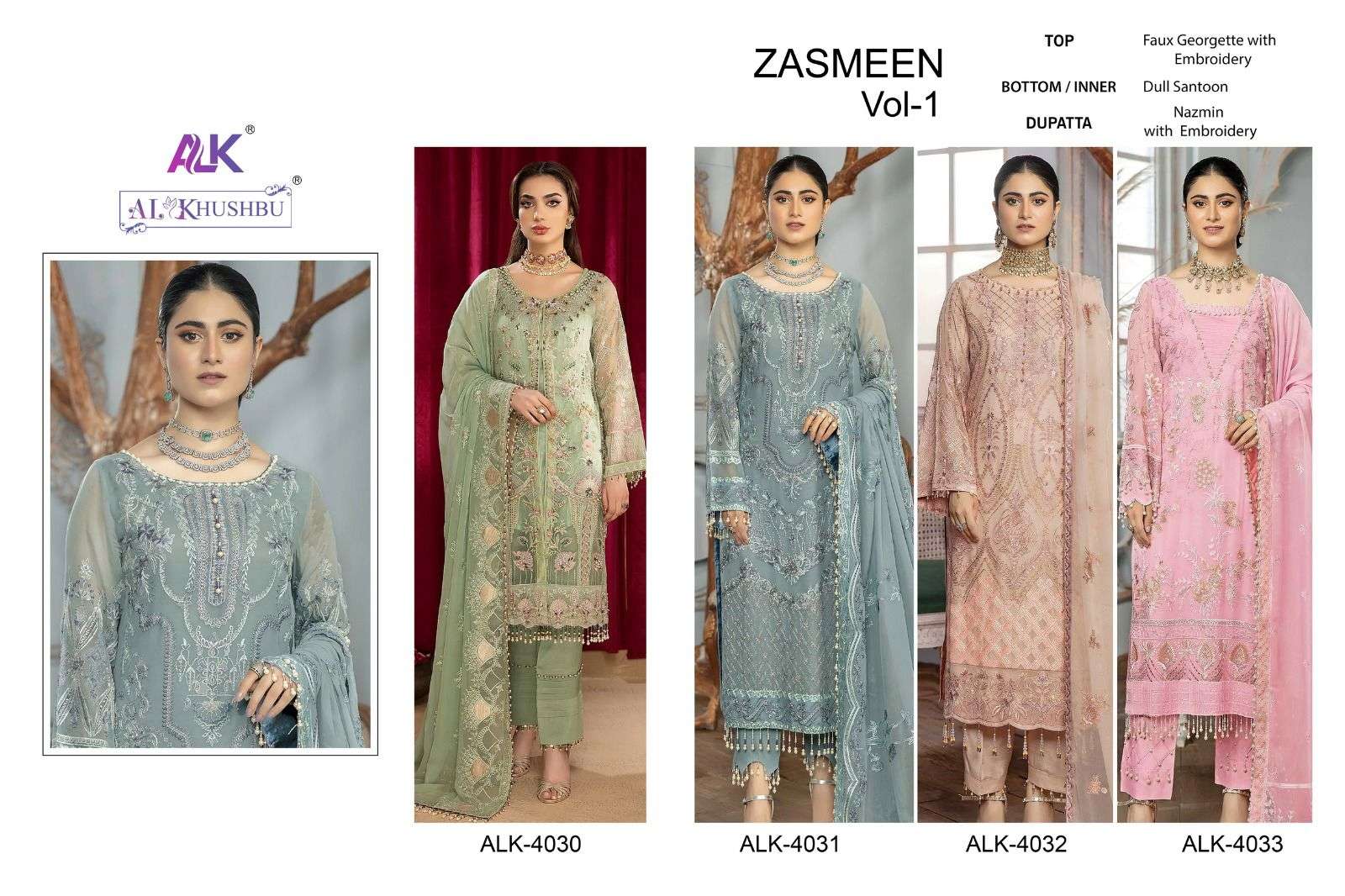 al khushbu zasmeen vol-1 4033 series stylish designer pakistani salwar suits manufacturer surat 