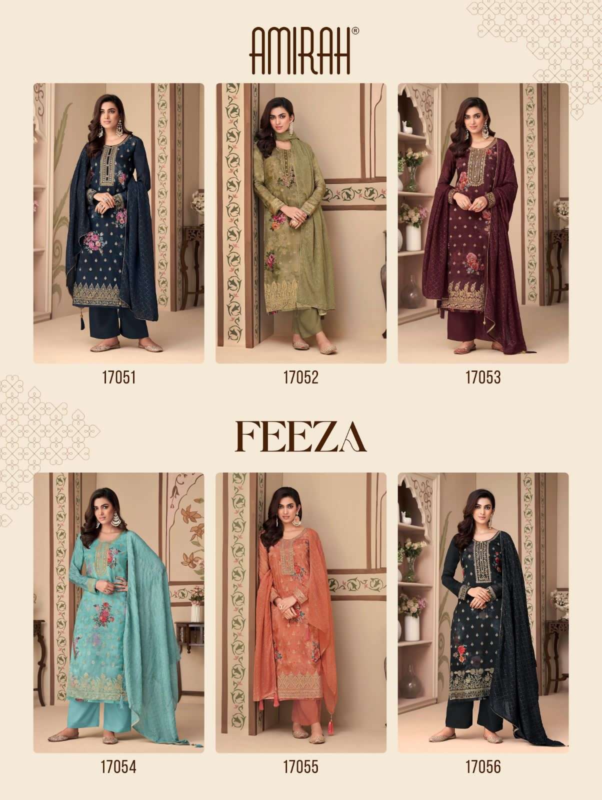 amirah feeza 17051-17056 series stylish top bottom with dupatta catalogue manufacturer surat 