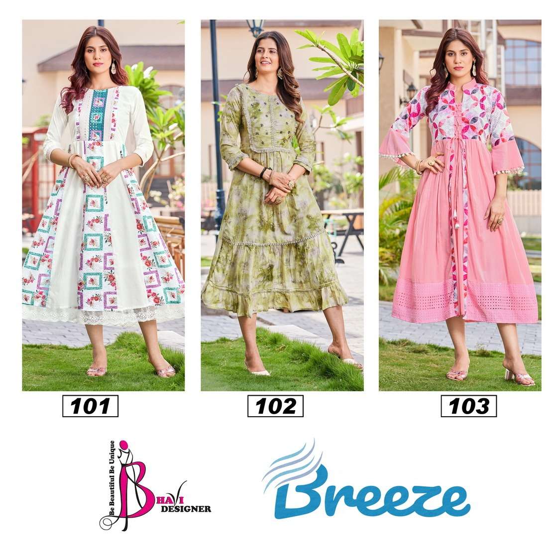 bhavi designer breeze 101-103 series stylish look designer gowns manufacturer surat 