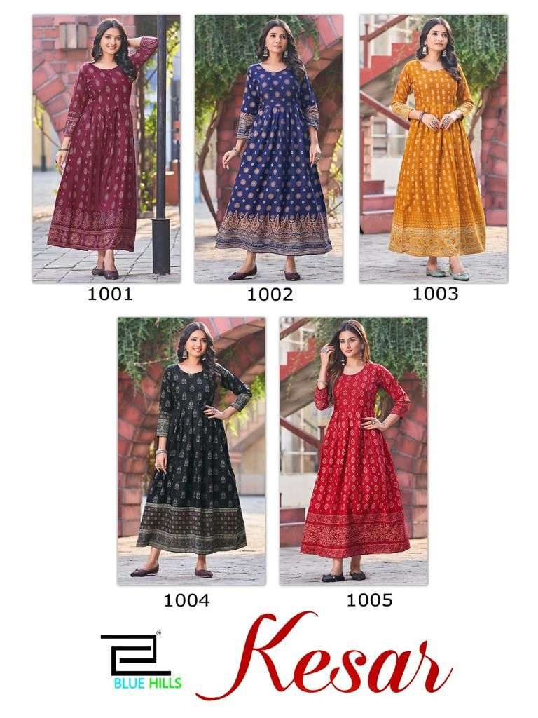 bluehills kesar 1001-1005 series rayon designer long gown catalogue collection 2022 