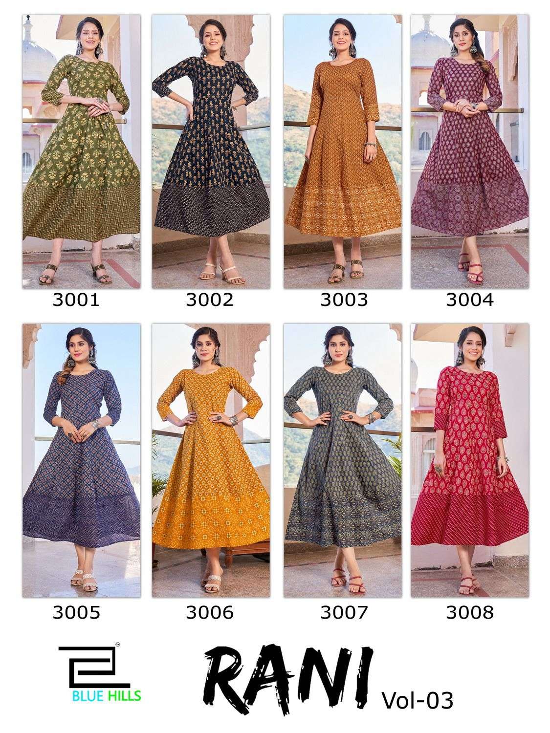 bluehills rani vol-3 3001-3008 series anarkali gown with handwork latest collection manufacturer surat 