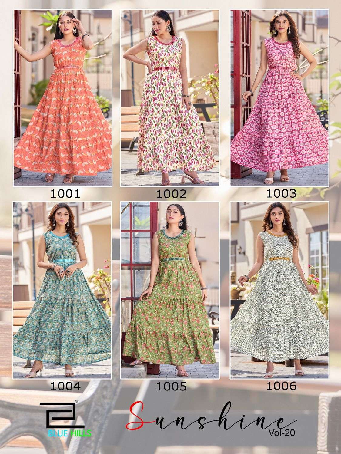 bluehills sunshine vol-20 1001-1006 series fancy look designer long gown catalogue manufacturer surat