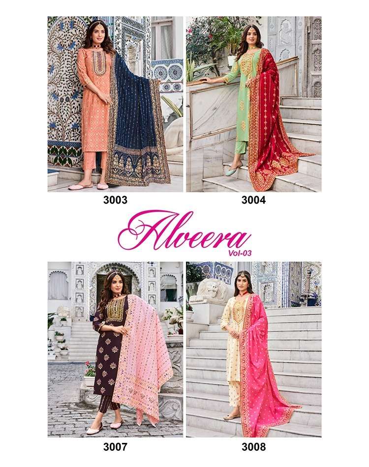 diya trends alveera vol-3 3001-3008 series stylish designer kurti pant with dupatta catalogue wholesaler surat