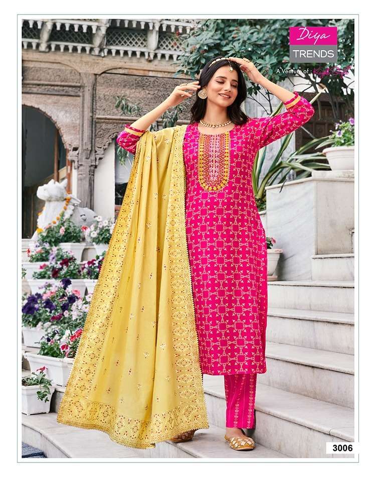 diya trends alveera vol-3 3001-3008 series stylish designer kurti pant with dupatta catalogue wholesaler surat