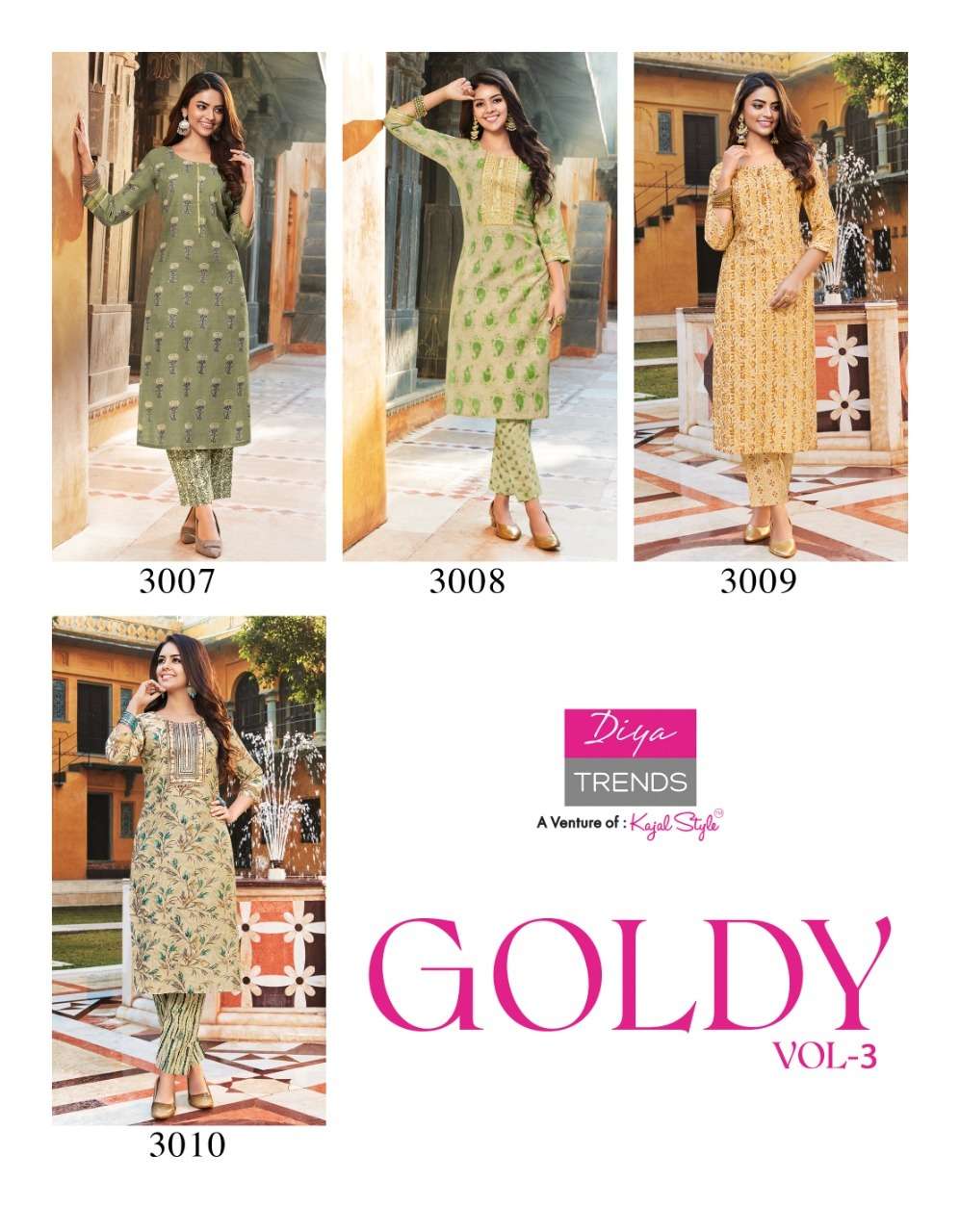 diya trendz goldy vol 3 3001-3010 series chanderi foil printed embroidery work kurtis wholesale price surat