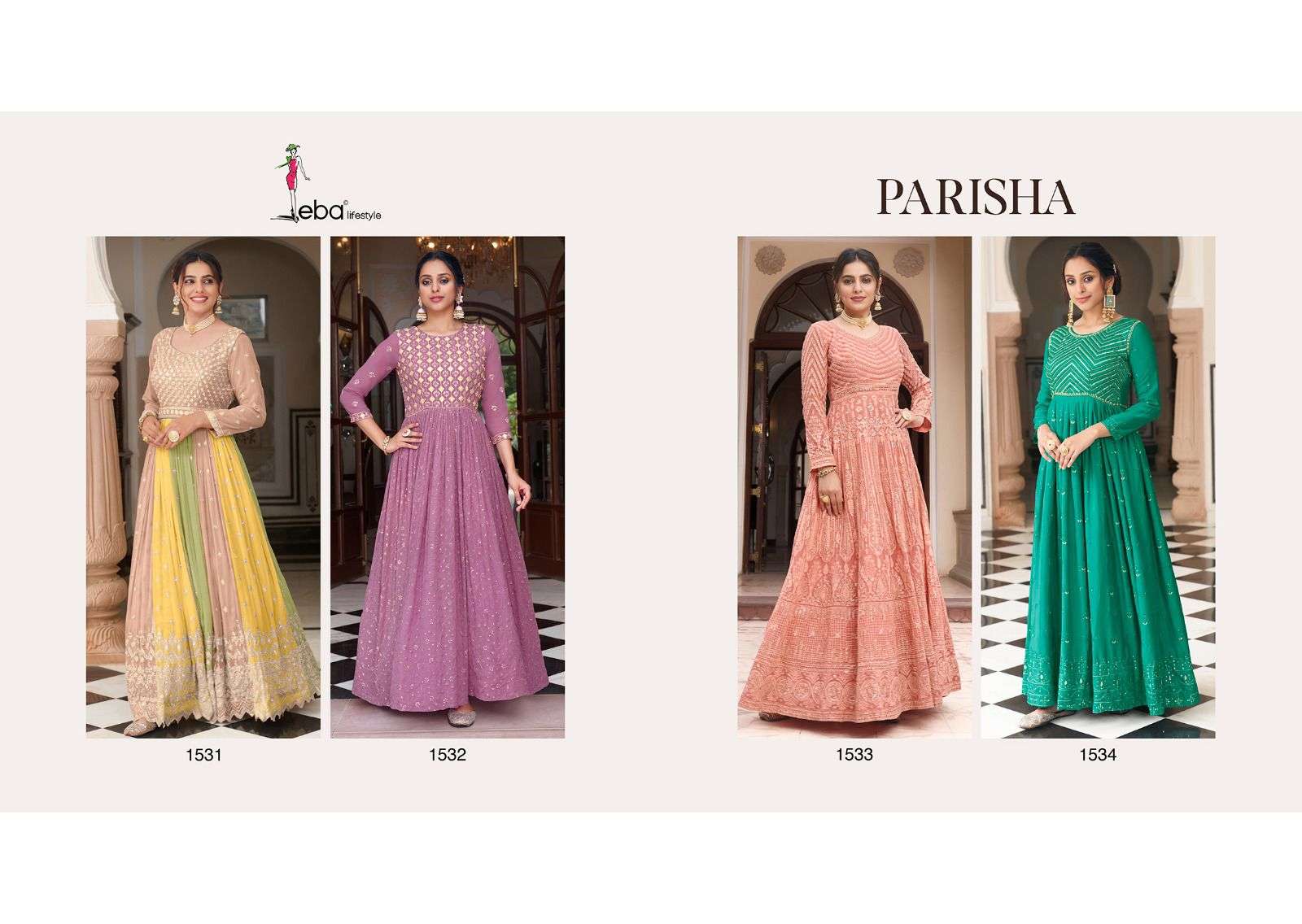 eba lifestyle parisha 1531-1534 series stylish look designer party wear dress new catalogue manufacturer surat