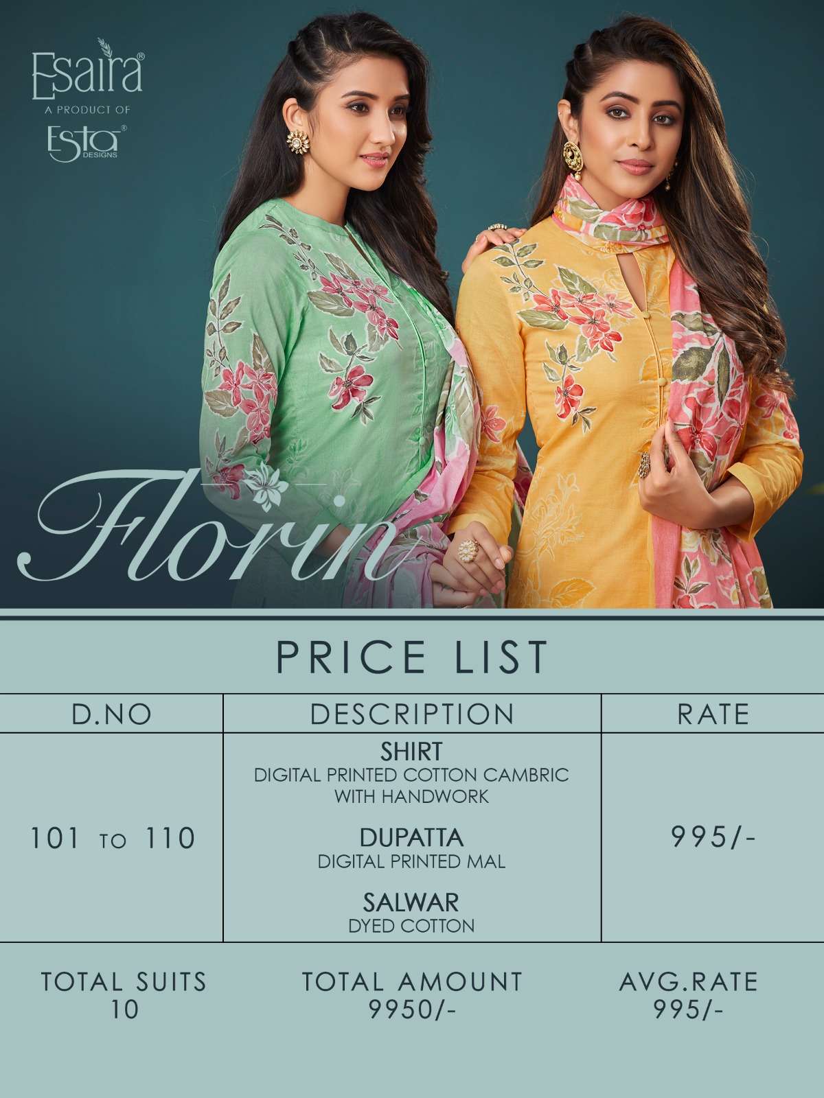 esta designs florin 101-110 series unstich designer dress material catalogue design 2023