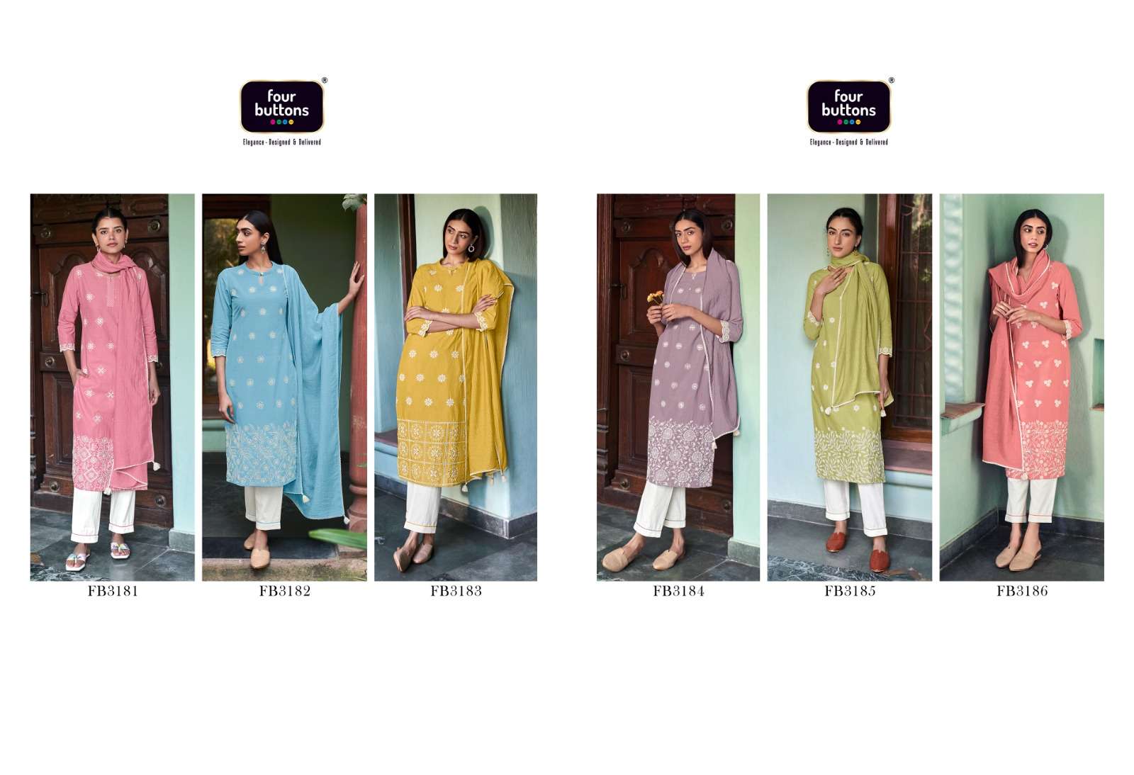 four buttons inara 3181-3186 series trendy designer kurtis catalogue online supplier surat 