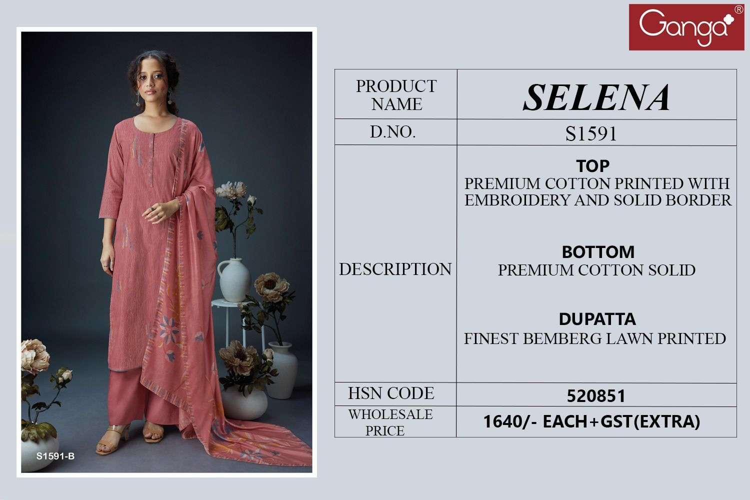 ganga selena 1591 series fancy designer top bottom with dupatta catalogue design 2023