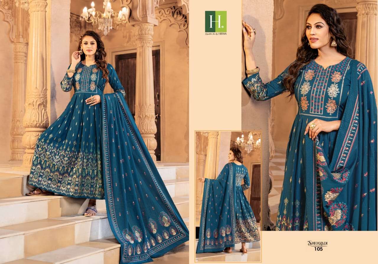 hirwa shehzadi 101-108 series long gowns with dupatta catalogue wholesale price surat 