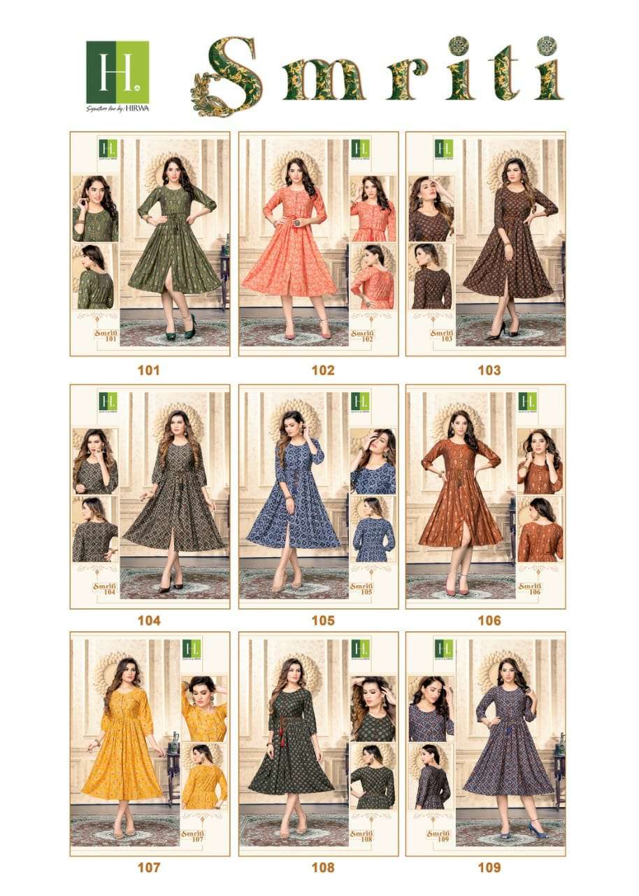 hirwa smriti 101-109 series stylish designer kurtis catalogue online supplier surat 