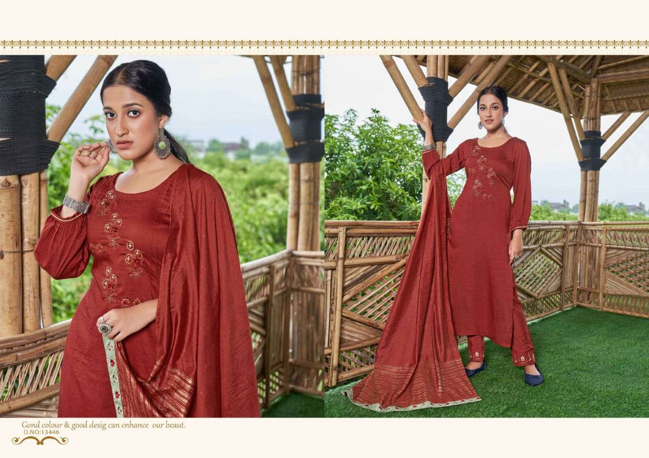 kalaroop slavia 13442-13447 series stylish designer kurti pant with dupatta catalogue online dealer surat 