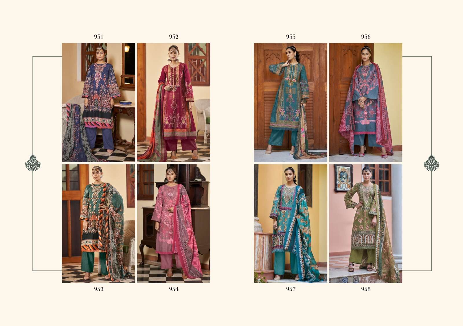 kesari trendz jannat e noor 951-958 series designer top botton and dupatta latest catalogue wholesaler surat