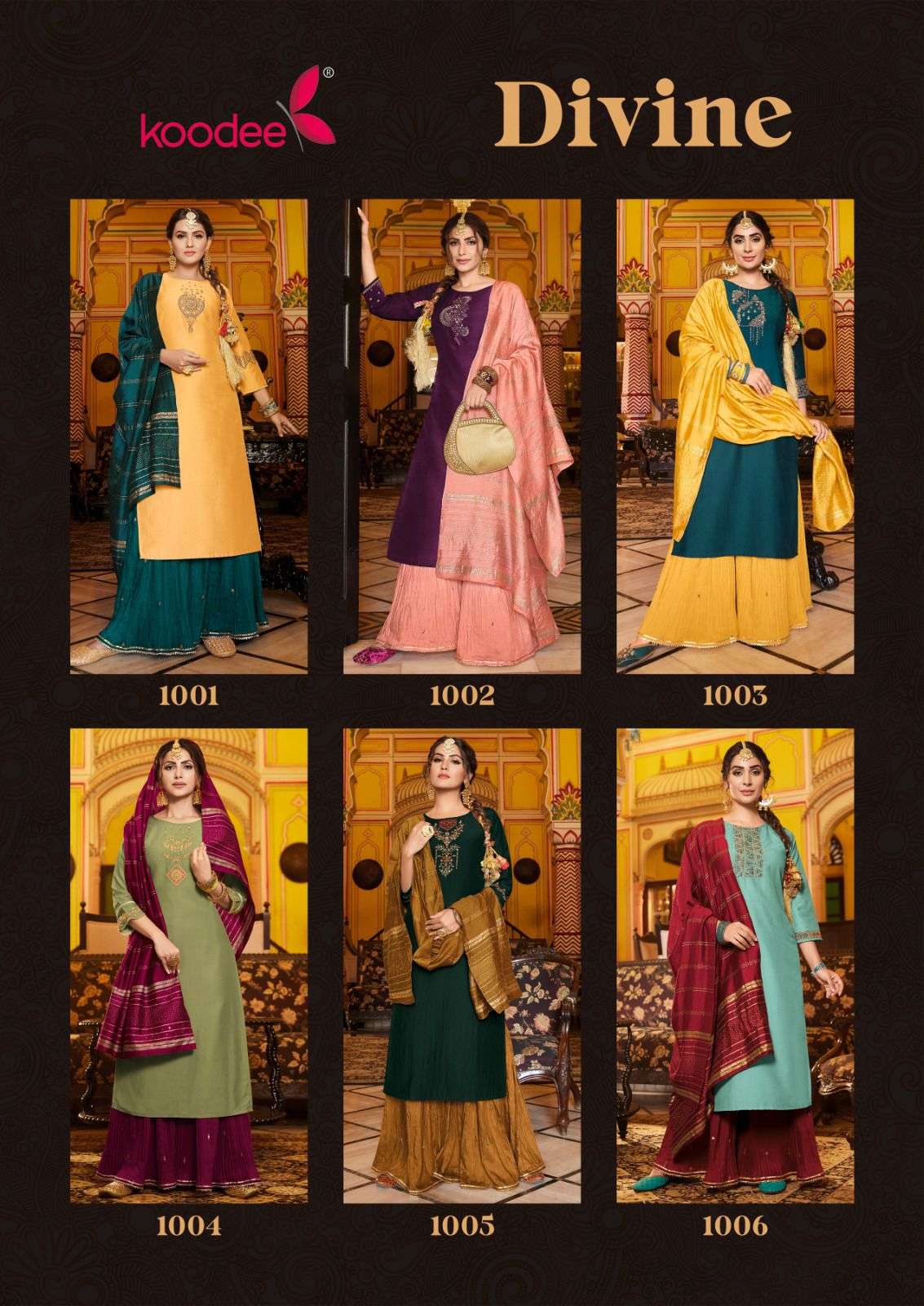 koodee divine 1001-1006 series kurti with sharara and dupatta new catalogue wholesale price surat 