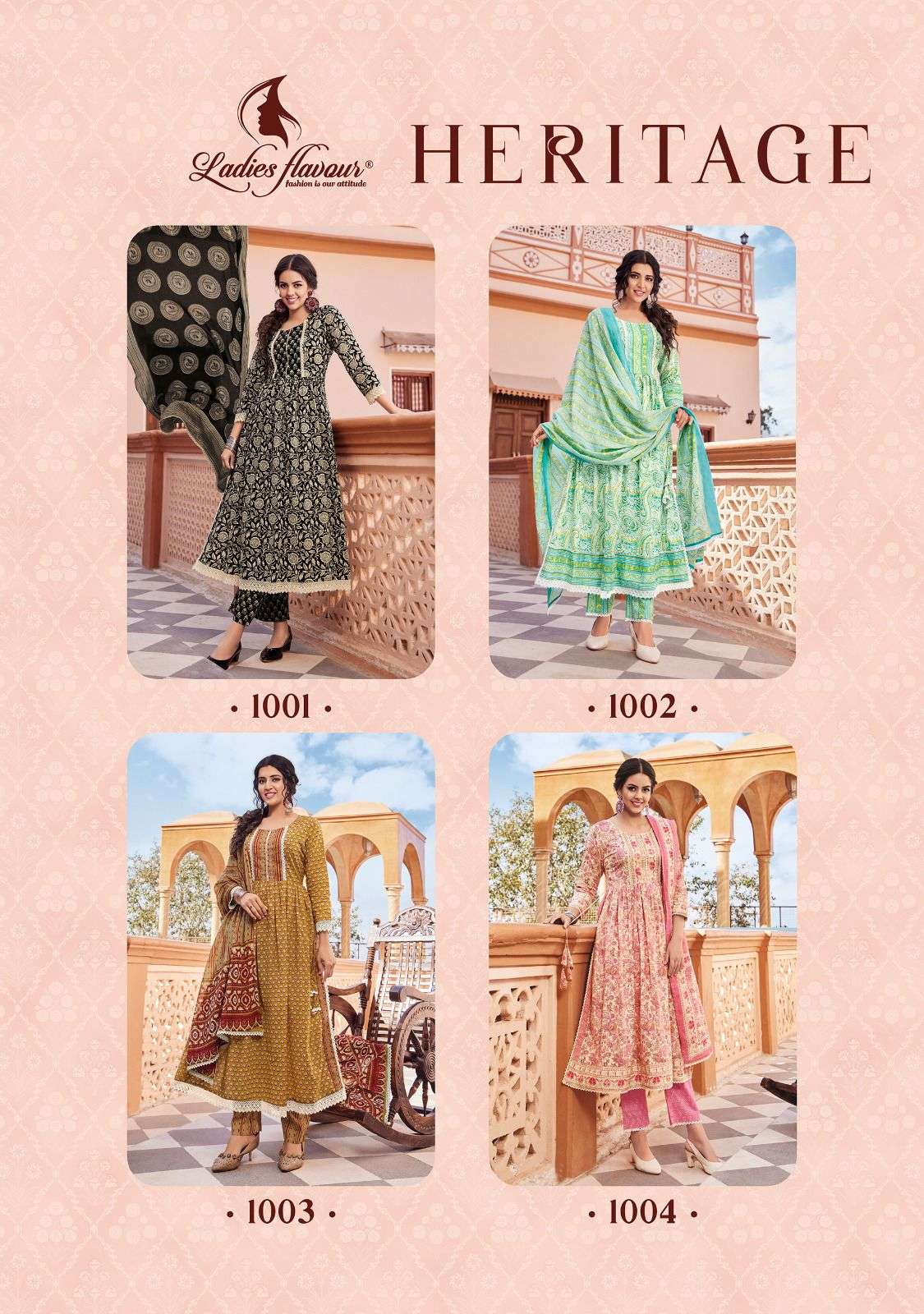 ladies flavour heritage 1001-1004 series fancy designer kurtis catalogue online dealer surat 