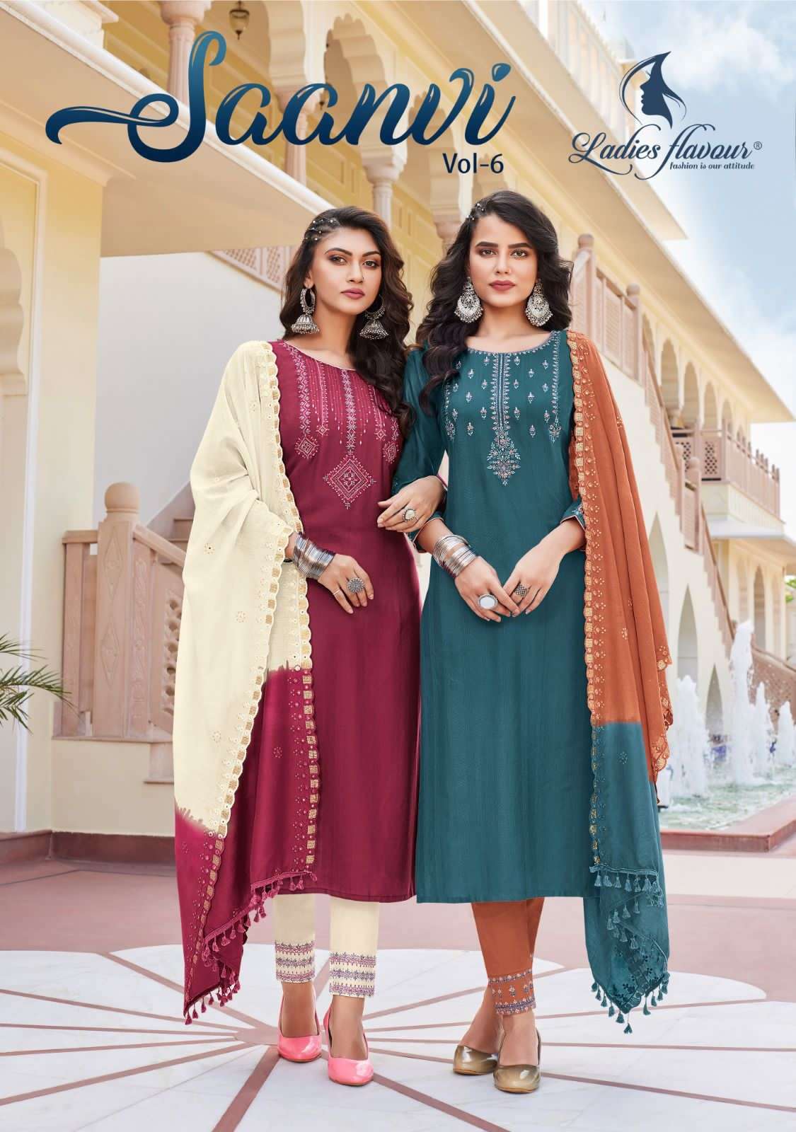 ladies flavour saanvi vol-6 6001-6006 series stylish designer top bottom with dupatta wholesale price surat