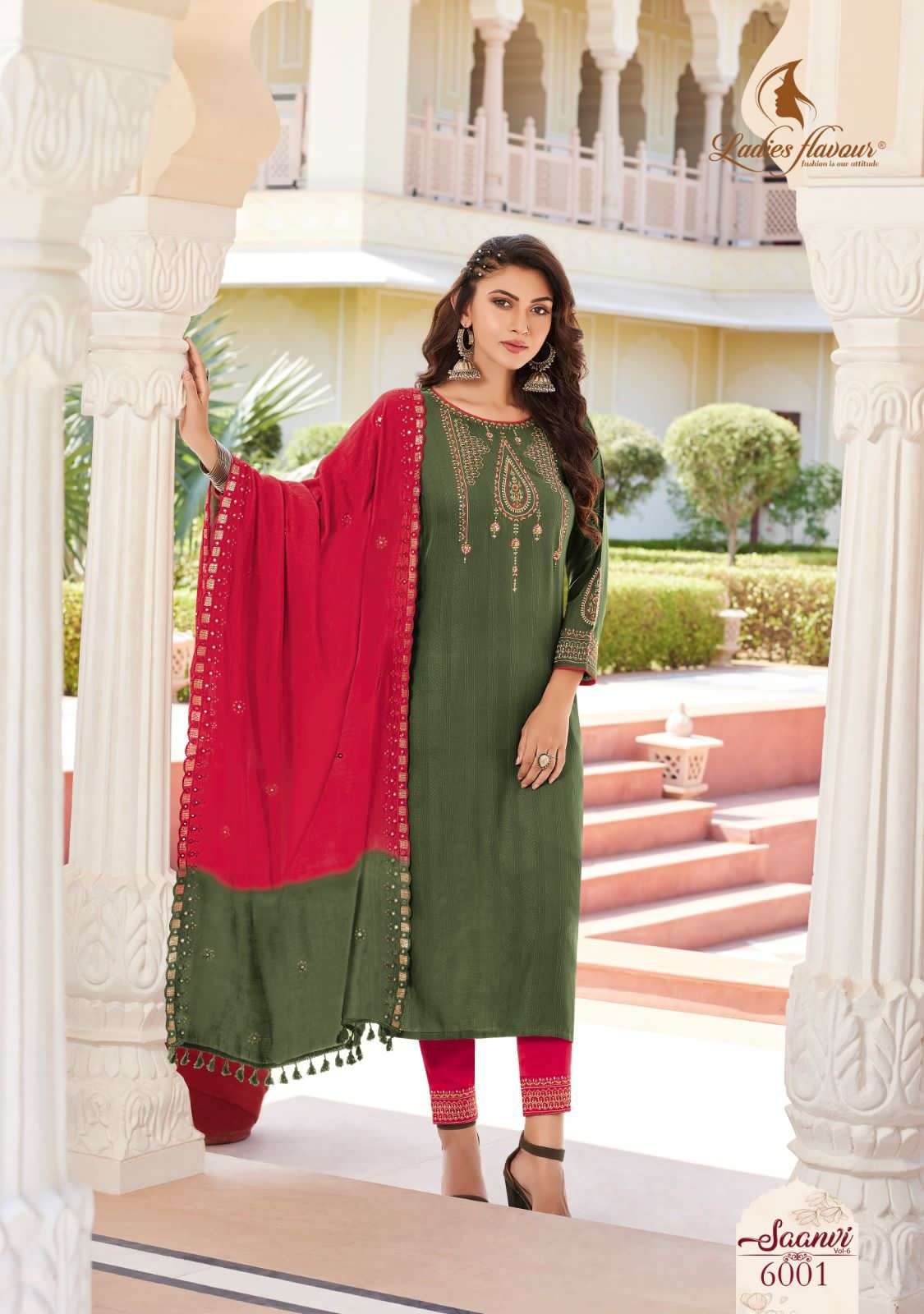 ladies flavour saanvi vol-6 6001-6006 series stylish designer top bottom with dupatta wholesale price surat