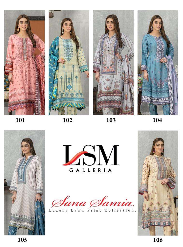 lsm galleria sama samia 101-106 series lawn designer salwar kameez catalogue design 2023 