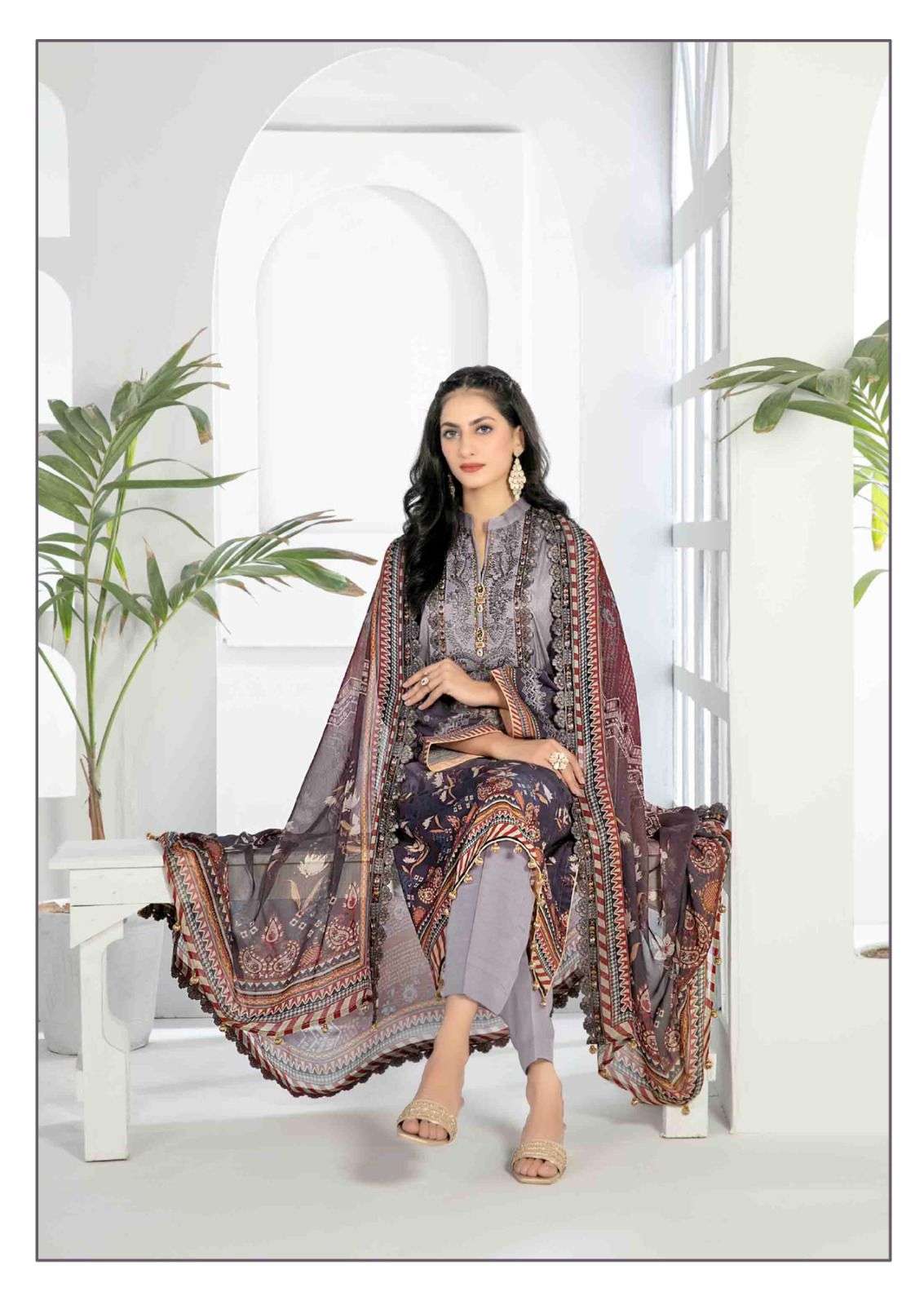 madhav fashion riwaaz vol-5 5001-5006 series pure lawn cotton designer dress material catalogue supplier surat 