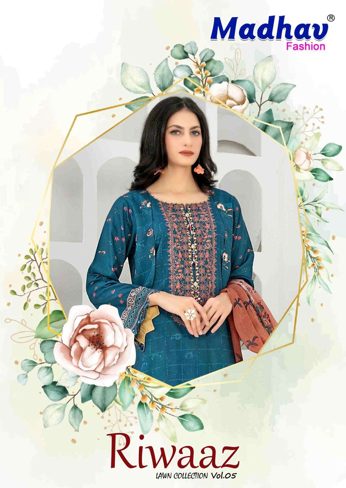 madhav fashion riwaaz vol-5 5001-5006 series pure lawn cotton designer dress material catalogue supplier surat 