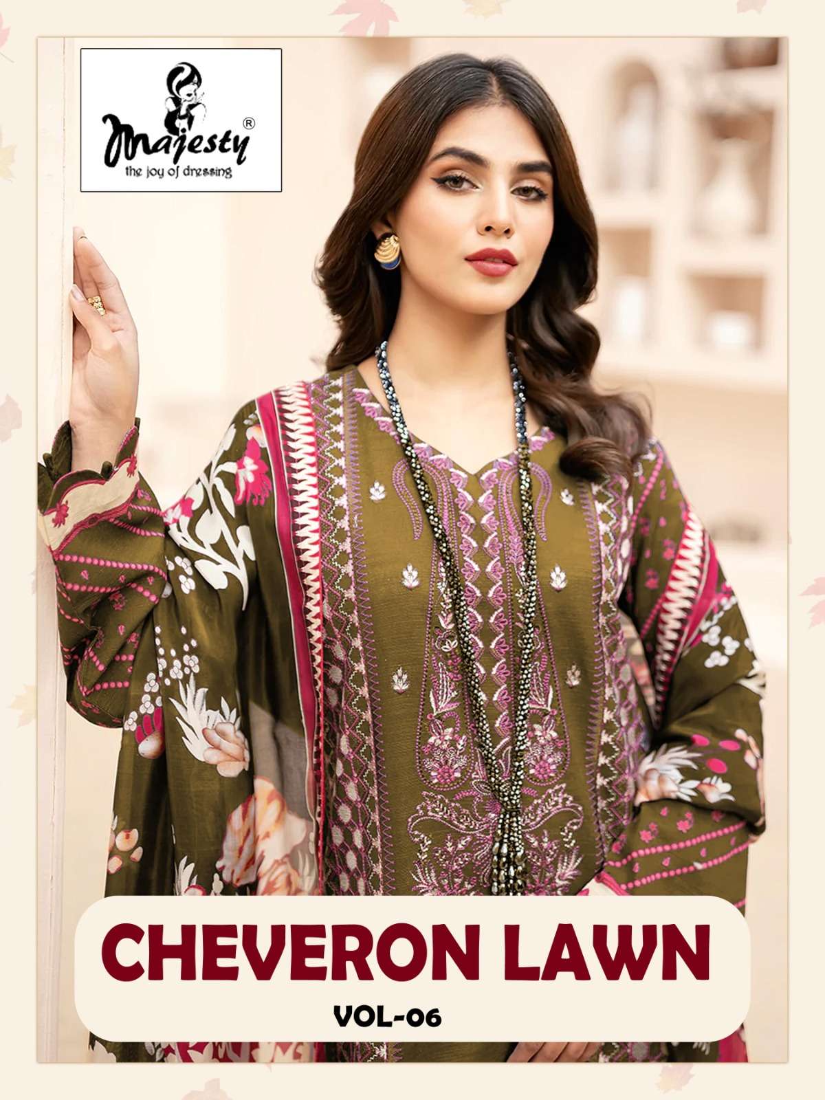 majesty cheveron lawn vol-6 6001-6006 series stylish designer pakistani salwar kameez catalogue design 2023