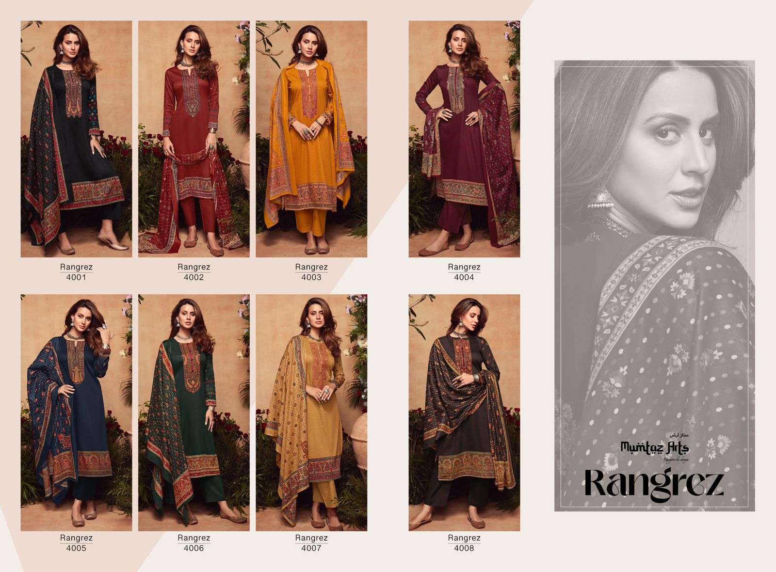 mumtaz arts rangrez 4001-4008 series stylish designer salwar kameez catalogue online wholesaler surat