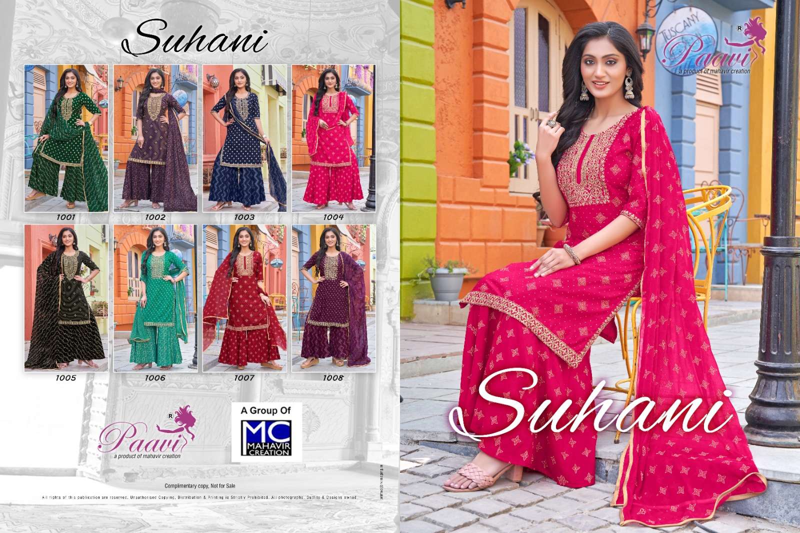 paavis suhani 1001-1008 series rayon fancy top bottom with with dupatta set wholesale price surat